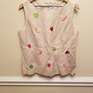 Annie Alexander, Tan Sleeveless Tank with Fruit, Size 12